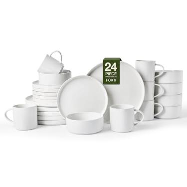 Imagem de Famiware Conjuntos de louça Nebula com canecas, serviço para 6 (24 peças), conjuntos de pratos e tigelas de grés fino, conjunto de pratos para micro-ondas e lava-louças, branco