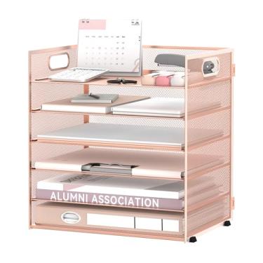 Imagem de Daltack Organizador de papel de 6 camadas para mesa, organizador de bandeja de papel para mesa, organizadores de arquivos de mesa de malha com alça para escritório, casa, escola, ouro rosa