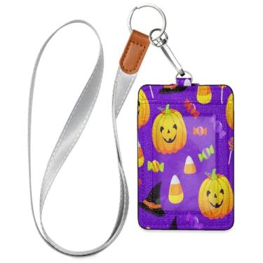 Imagem de Wassud Porta-crachá de couro PU de abóboras fofas com cordão, porta-cartão de identificação para trabalho, cordão de pescoço com compartimentos para cartões de crédito, funcionários, estudantes, 39,9