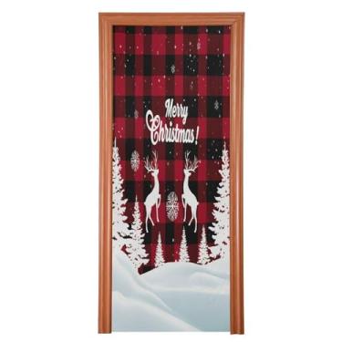 Imagem de Wassud Capa de porta de Natal decoração de banner 81 x 199 cm grande Natal xadrez cervo capa de porta interna elástica para varanda porta da frente