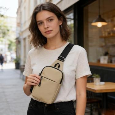 Imagem de Bolsa transversal pequena para mulheres, bolsa de peito leve à prova d'água com bolsos, alça ajustável, mini bolsa transversal cáqui