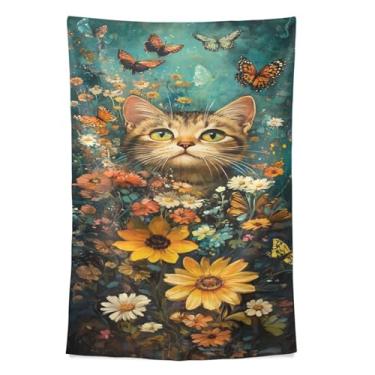 Imagem de STAYTOP Tapeçaria fofa de gatos e borboletas tapeçarias para decoração de casa decoração de dormitório sala de estar quarto tapete de parede (60×40in)