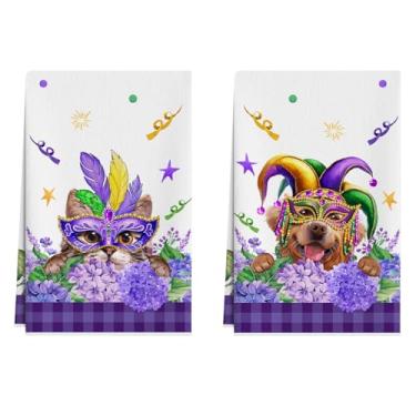 Imagem de XCHI Máscara gato cachorro flores roxas toalhas de cozinha carnaval toalhas de prato de carnaval 45 x 66 centímetros decorações de cozinha para casa toalhas de mão conjunto de 2 panos de prato de