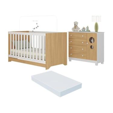 Imagem de Berço Americano 3 em 1 com Colchão Incluso e Cômoda 1 Porta 4 Gavetas Bombom Multimóveis Mp4716 Branco/madeirado