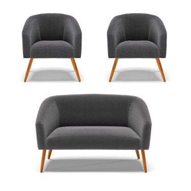 Imagem de Kit 1 Sofá Namoradeira E 2 Poltronas Stella Bouclê Grafite Pés Palito Castanho D'rossi