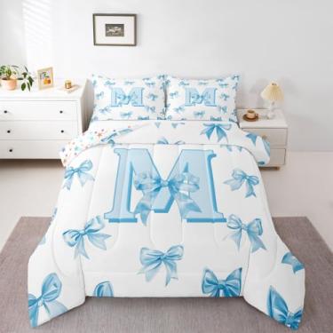 Imagem de Erosebridal Conjunto de edredom Queen com laço azul claro, princesa, com 2 fronhas, letra M, fofo, kawaii, para decoração de quarto de crianças e adolescentes