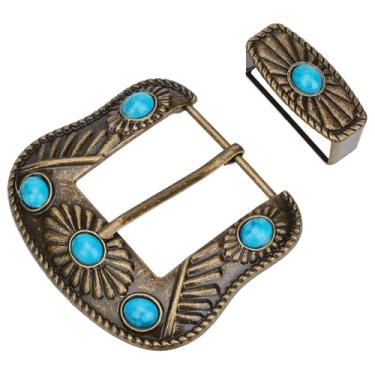 Imagem de GORGECRAFT 2 peças clássicas vintage substituição fivelas de cinto touro fivela de pino único boho turquesa ocidental floral gravado bronze antigo cowboy rodeio acessório de cinto para homens e