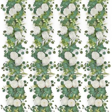 Imagem de MEIVINES 4 peças, guirlanda artificial de eucalipto com flores de peônia, vinhas falsas, guirlanda de vegetação floral, peônias brancas, flores artificiais para mesa de centro de mesa, decoração de