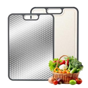Imagem de FOLUMAD Tábua de corte de aço inoxidável, tábua de corte dupla face 304 de grau alimentício para cozinha, aço inoxidável/palha de trigo PP tábua grande para carne, frutas, legumes, ambientes externos