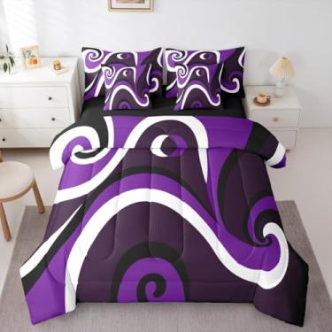 Imagem de Conjunto de cama em uma bolsa, roxo, preto, branco, abstrato, minimalista, moderno, 7 peças, redemoinhos abstratos, geométrico, listrado, conjunto de cama para adultos