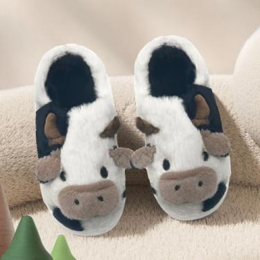 Imagem de Chinelos de vaca felpudos para crianças fofas de vaca fofa, chinelos de casa, crianças, meninas, meninos, desenhos animados, sapatos de casa para uso interno e externo, Preto, 10.5-12 Little Kid