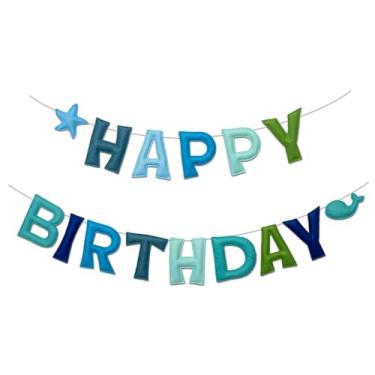 Imagem de Homeral Banner de feliz aniversário 3D pré-amarrado azul com estrela do mar e baleias, guirlanda reutilizável de feltro feliz, decorações de festa arco-íris, placa de aniversário personalizada para
