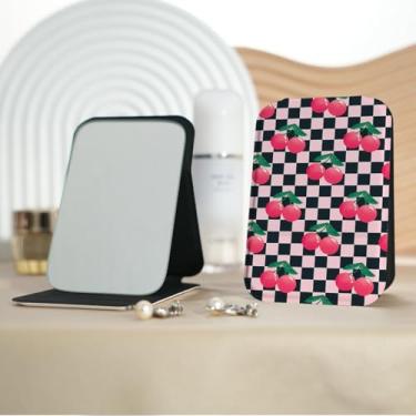 Imagem de Espelho de maquiagem portátil xadrez cereja estilo milenar, mini espelho de maquiagem portátil dobrável, espelho de contorno quadrado portátil flip independente, adequado para todos em qualquer