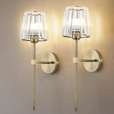 Imagem de L.JUJAM Conjunto de 2 arandelas de parede operadas por bateria de cristal, luzes de parede sem fio recarregáveis de latão com abajur de cristal, lâmpada de parede regulável de 12 RGB e 3CCT com