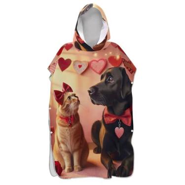Imagem de TSENQUE Valentine Love Pets Poncho de surfe gato cachorro para adultos trocador plus size ponchos femininos com capuz impressão toalha de praia com capuz