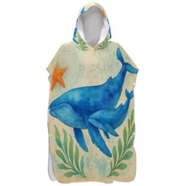 Imagem de Joisal Poncho de surfe plus size trocador de roupão para adultos praia moletom toalha natação aquarela azul baleia animal unissex adulto poncho com capuz