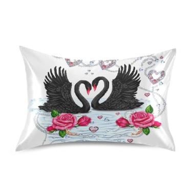 Imagem de Fronhas de cetim engraçadas King Queen fronha padrão refrescante presentes modernos roupa de cama tamanho padrão 66.0 cm x 50.8 cm Cute Valentine Black Swans Floral