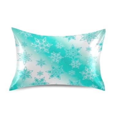 Imagem de King Queen Capas de travesseiro padrão inverno turquesa flocos de neve branco fronhas de cetim para cabelo impressão divertida roupa de cama refrescante decoração de casa king size 101,6 cm x 50,8 cm