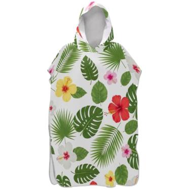 Imagem de Joisal Roupão de mudança de poncho de surfe para toalha de banho com capuz de praia de secagem rápida folhas tropicais hibisco flores poncho masculino com capuz