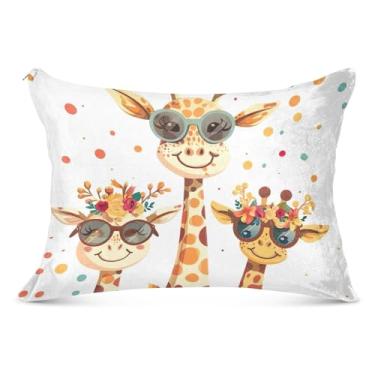 Imagem de Capa de travesseiro de flanela grande de animais de girafas com zíper longo King Queen fronha de travesseiro de cama fofa para cabelo, tamanho corporal, 53 cm x 137 cm