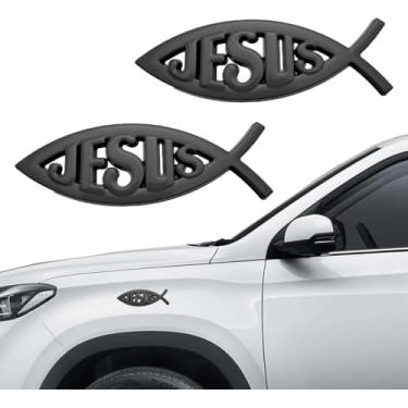 Imagem de 2 adesivos Jesus Fish, emblema de carro, acessórios de carro cristão de alumínio à prova d'água, adequado para janelas de carro e laptops (preto)