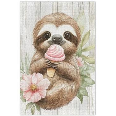 Imagem de Quebra-cabeça adulto com flor de sorvete de preguiça fofa, 1000 peças, pintura animal, arte divertida, personalizada, quebra-cabeça elefante branco, 75 x 40 cm