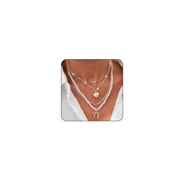 Imagem de Colares de ouro em camadas para mulheres, gargantilhas de pérolas, colares femininos com pingente de coração e laço pequeno, joia de pérola, Large, Metal, Sem Pedra Preciosa