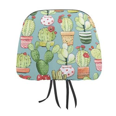 Imagem de Padrão sem costura de cactos verdes cactos com flores em vasos 2 peças capas protetoras de encosto de cabeça para assento de carro universal, capa macia para encosto de cabeça de carro, acessórios de