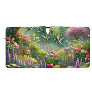 Imagem de Guarda-sol personalizado para jardim de beija-flores de primavera para para-brisa de carro engraçado dobrável para-brisa frontal floral animal, 76 cm x 149 cm