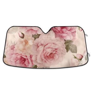 Imagem de Guarda-sol rosa rosa vintage personalizado para para-brisa de carro bonito retrátil dobrável capa de para-brisa automotivo protetor solar M, 139,7 cm x 70,1 cm