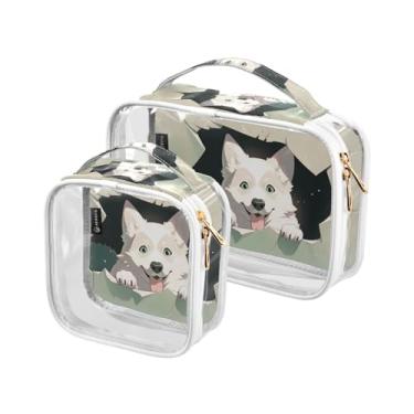 Imagem de GAIGEO Conjunto de bolsa cosmética transparente de baleia marinha com textura retrô, bolsa de viagem para cuidados com a pele, acessórios de viagem cosméticos, pacote com 2, Papel verde de cachorro