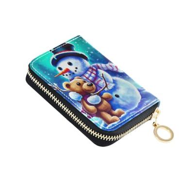 Imagem de Carteira feminina Snowman Winter Teddy Bear com zíper em torno de 9 compartimentos para cartão de crédito e 2 compartimentos para dinheiro, carteira pequena com zíper e bolsa para moedas