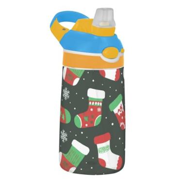 Imagem de Garrafa de água esportiva infantil vermelha verde Natal preta para escola, 473 ml Tritan 473 ml garrafa de água com canudo, copo infantil portátil reutilizável, alça de transporte