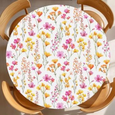Imagem de KiuLoam Toalha de mesa redonda primavera rosa amarelo laranja flores silvestres toalha de mesa de fazenda com borda elástica lavável toalha de mesa para decoração de cozinha patrulha ao ar livre
