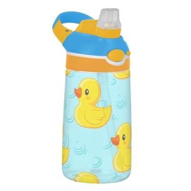 Imagem de Cute Yellow Ducks Garrafa de água azul claro infantil com canudo 473 ml 473 ml Garrafa de água de plástico Tritan à prova de vazamento reutilizável copo de viagem infantil, portátil, alça de