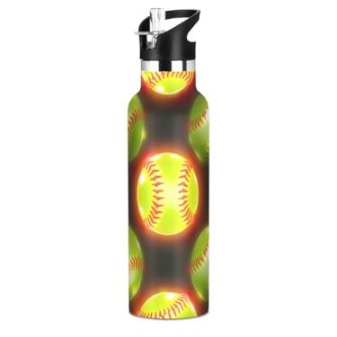 Imagem de Garrafas de água para meninos brilhantes neon softball, amarelas, com tampa de palha, garrafa de água isolada de aço inoxidável, parede dupla, copo infantil livre de BPA para escola, viagens, esportes