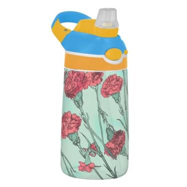 Imagem de Garrafa de água infantil Tritan de 473 ml com tampa de palha, garrafa de água esportiva reutilizável de 473 ml, copo infantil portátil à prova de vazamento, alça de transporte, crânio floral de cravos