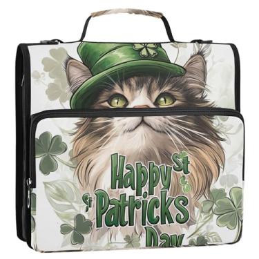 Imagem de St Patrick Cute Cat 3 fichários anel D 1 1/2 polegada organizador de fichários escolares bolsa com alça de ombro vários bolsos pasta grande portfólio