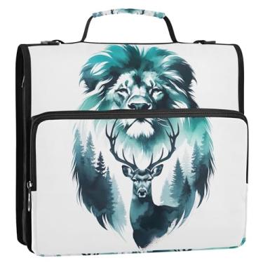 Imagem de Organizador de fichário com zíper para documentos, 3 anéis, anel D de 3 cm, aquarela, leão, floresta, veado, portfólio e estojo, suporte de pasta de anel, bolsa escolar com alça de ombro