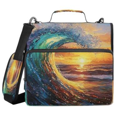 Imagem de Pasta de arquivo de armazenamento de documentos com 3 anéis de zíper Sunset Ocean Wave com alça de ombro, 500 folhas, organizador de papel, organizador de documentos, pasta de arquivos para escola