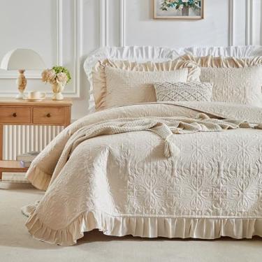 Imagem de Conjunto de colcha de babados California King Size 254 x 289 cm - 3 peças de cama rústica de casa de fazenda chique e lisa com babados, colcha leve e fofa de verão com fronhas para mulheres e homens