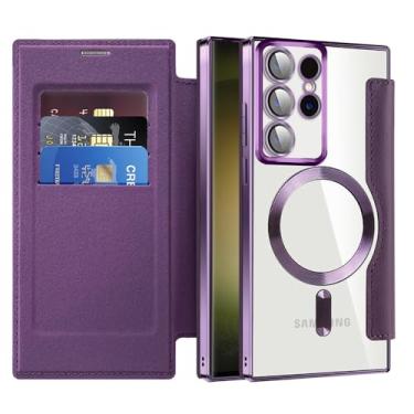 Imagem de MEMAXELUS Capa carteira para Samsung Galaxy S26 Ultra compatível com MagSafe, [bloqueio RFID] Capa magnética à prova de choque de couro PU flip premium com compartimentos para cartão transparente à