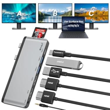 Imagem de Hub USB C Surface Pro 11/10/9/X com HDMI duplo 4K @60Hz, USB-C Thunerbolt 4 (tela 8K + dados + carregamento de 100 W), 2 x USB 3.0, SD/TF, áudio de 3,5 mm, adaptador Surface Pro 11, Plug and Play