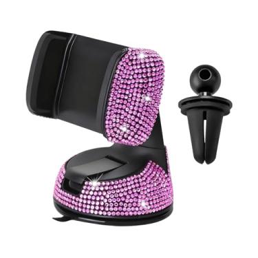 Imagem de FALVFUN Suporte de telefone de carro brilhante, suporte de celular de painel de para-brisa de veículo de strass com braçadeira, suporte de smartphone automotivo com diamante ajustável de 360°, ajuste