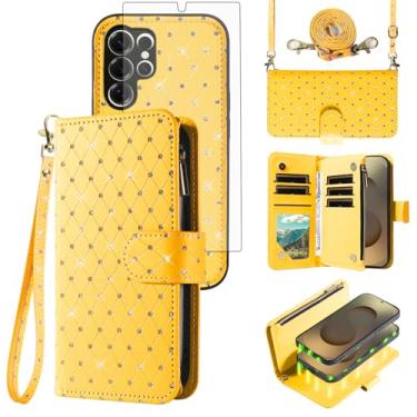 Imagem de Capa carteira compatível com Samsung Galaxy S25 Ultra 5G com zíper para celular e protetor de tela, alça transversal, flip com glitter, porta-cartões, capa para celular S25Ultra 25S S 25 25Ultra 6,9