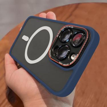 Imagem de HJZSZX Capa magnética transparente com proteção para iPhone 16, luxuosa, fosca, com carregamento sem fio e lente completa (para iPhone 16/azul marinho)