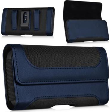 Imagem de COANJIUO Coldre de telefone com clipe de cinto fecho magnético forte nylon e couro para iPhone Pro Max, Plus 17 16 15 14 13 12 16e, Samsung Galaxy Plus, FE S25 S24 S23 S22, L-preto + azul