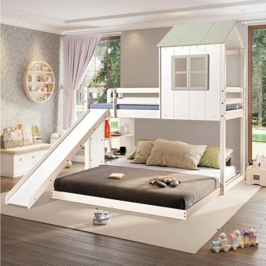Imagem de Beliche Queen Montessoriano Cabana Family com Escorregador e Estante Casatema MadeiraOriginals Branco/Verde