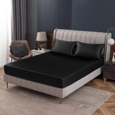 Imagem de Jogo De Lençol Solteiro Cetim Seda Alto Brilho 2 Peças Cor:Preto - LM 