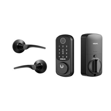 Imagem de DESLOC Trava inteligente de impressão digital B200 com 2 maçanetas, conjunto de fechadura de porta frontal sem chave, fechadura de teclado eletrônico, controle de aplicativo, trava automática, bateria